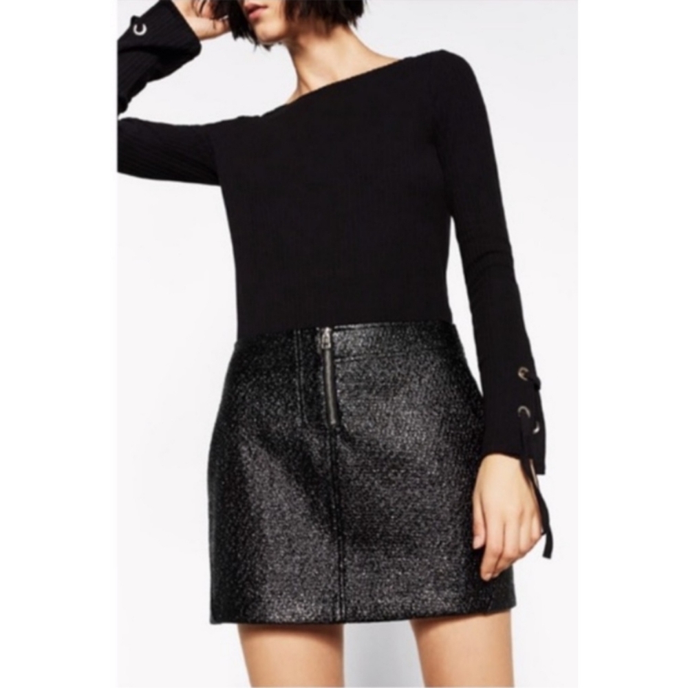 Zara Faux Leather Black Patent Mini Skirt Size S